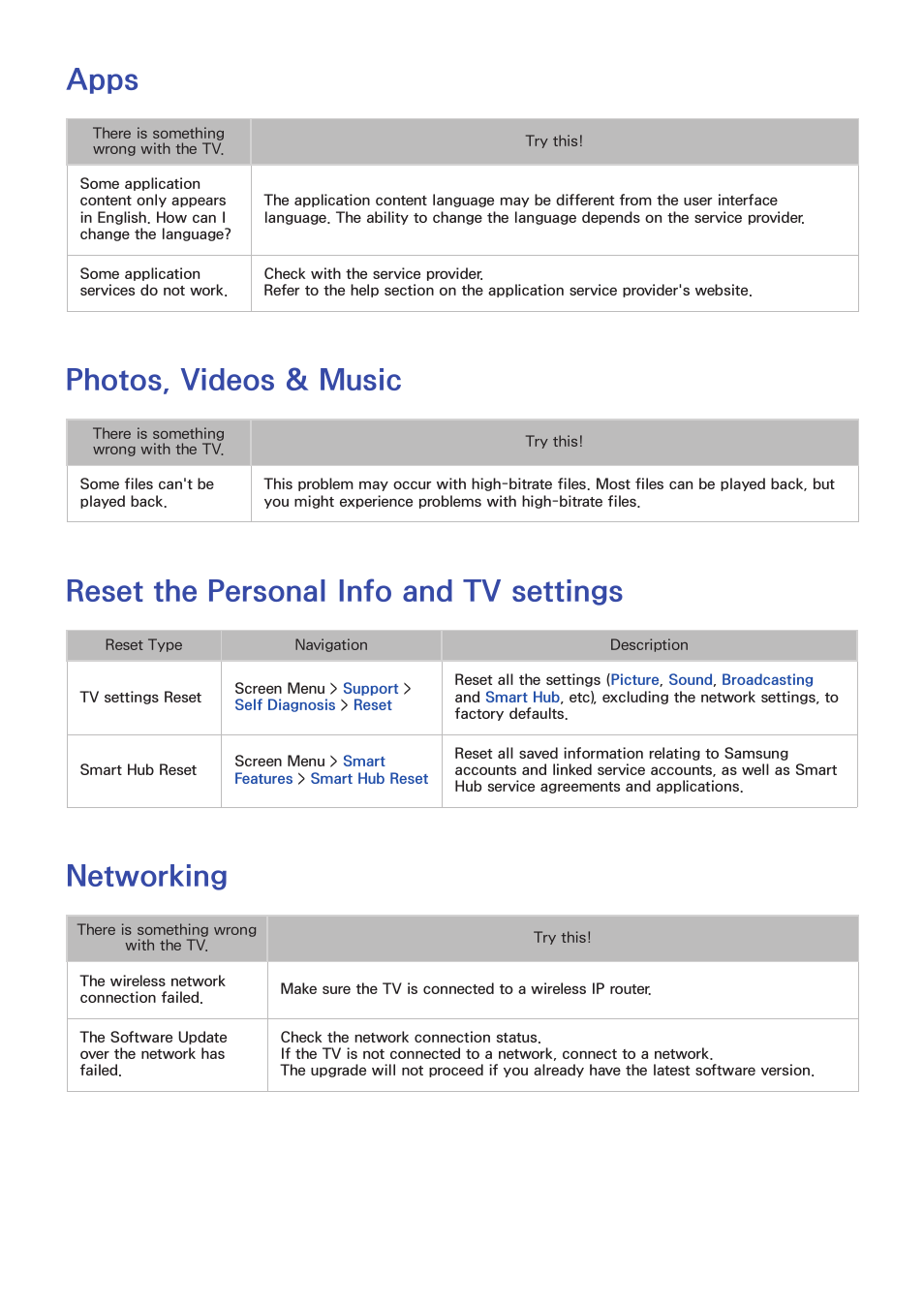 Apps, Photos, videos & music, Reset the personal info and tv settings | Networking | Samsung UN85S9VFXZA User Manual | Page 187 / 193