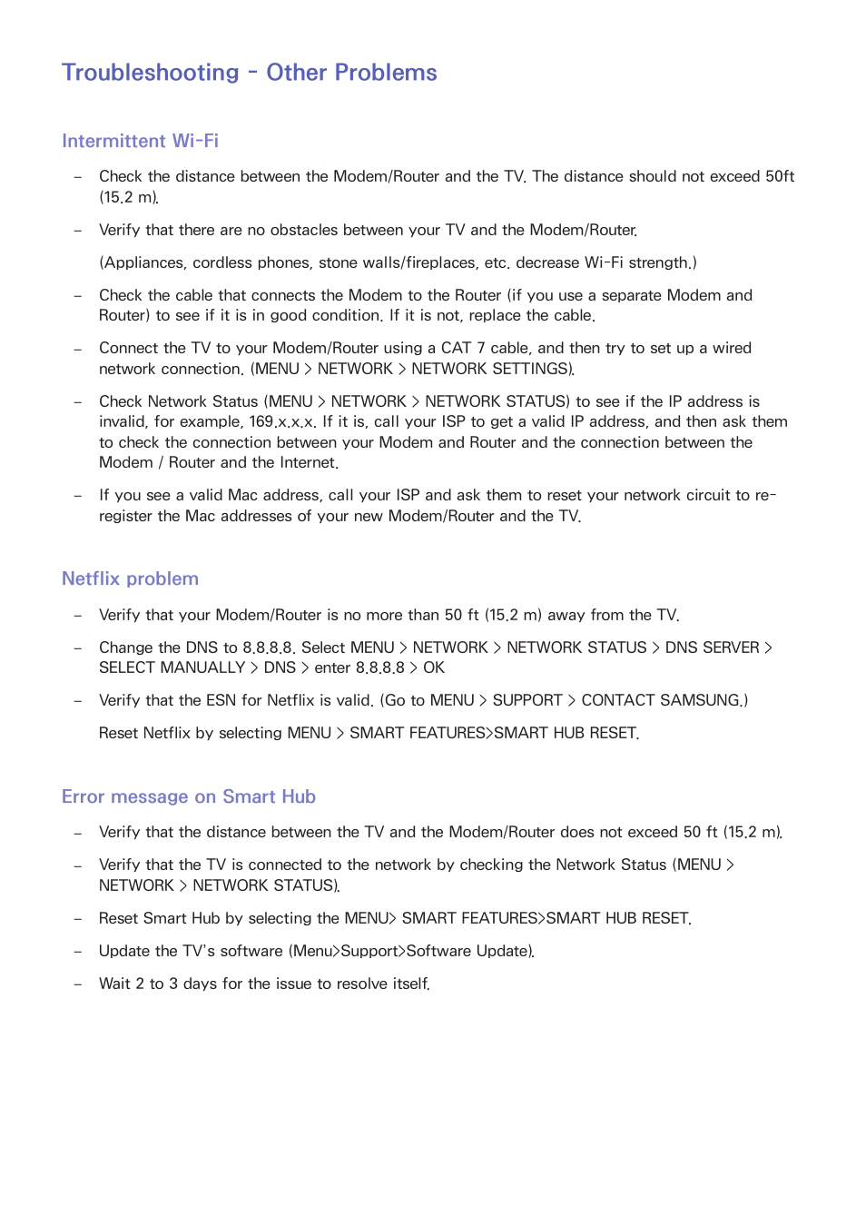 184 troubleshooting - other problems, 184 intermittent wi-fi, 184 netflix problem | 184 error message on smart hub, Troubleshooting - other problems, Intermittent wi-fi, Netflix problem, Error message on smart hub | Samsung UN85S9VFXZA User Manual | Page 191 / 193