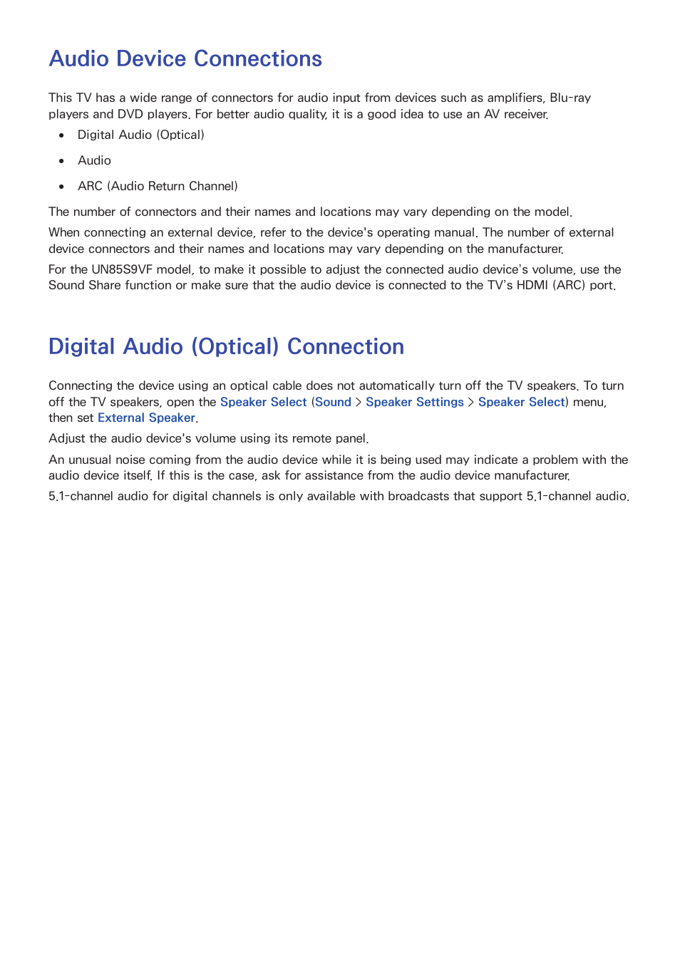 Audio device connections, Digital audio (optical) connection | Samsung UN85S9VFXZA User Manual | Page 20 / 193