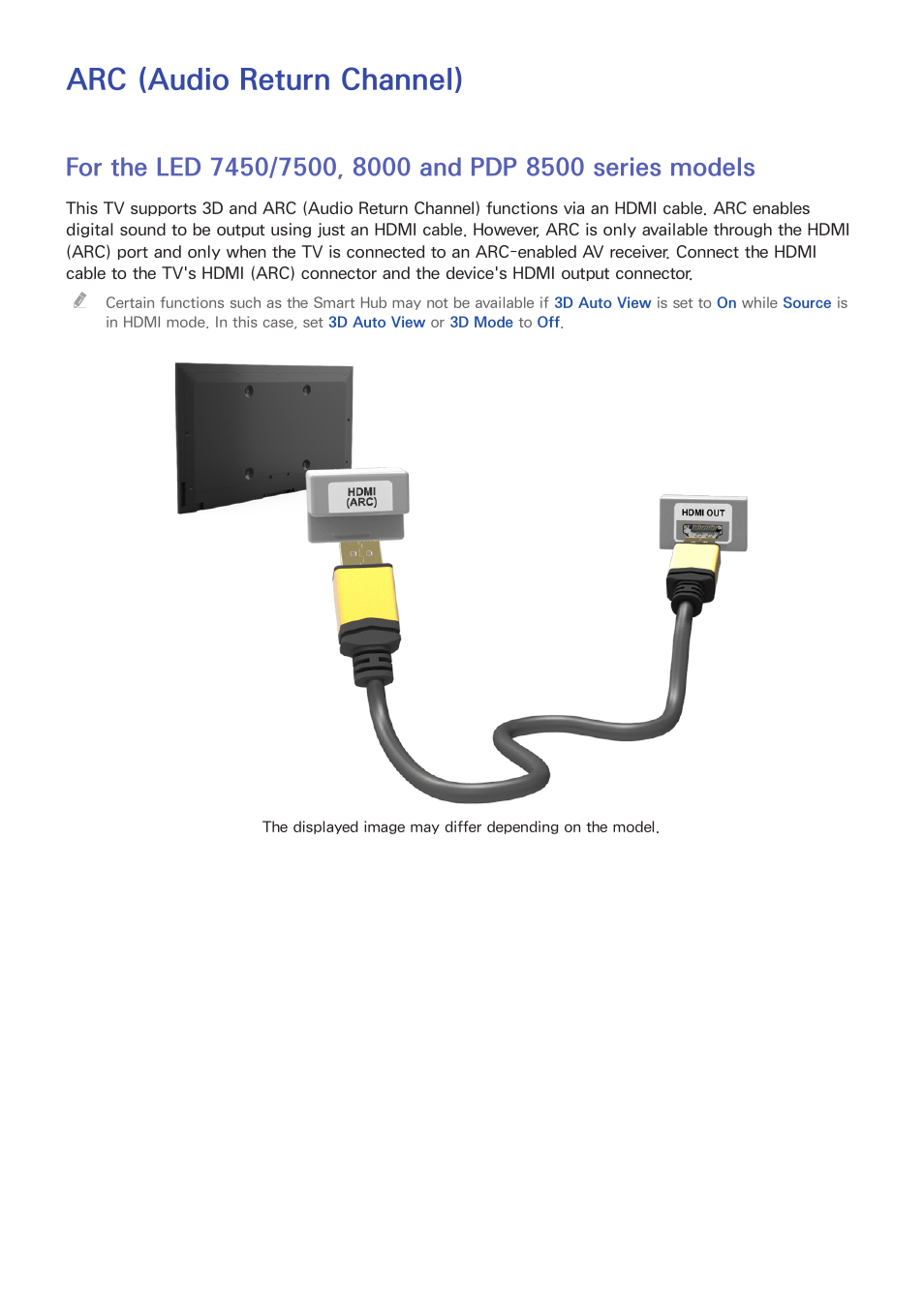 Arc (audio return channel), For the led 7450/7500, 8000 and pdp 8500 series, Models | Samsung UN85S9VFXZA User Manual | Page 23 / 193