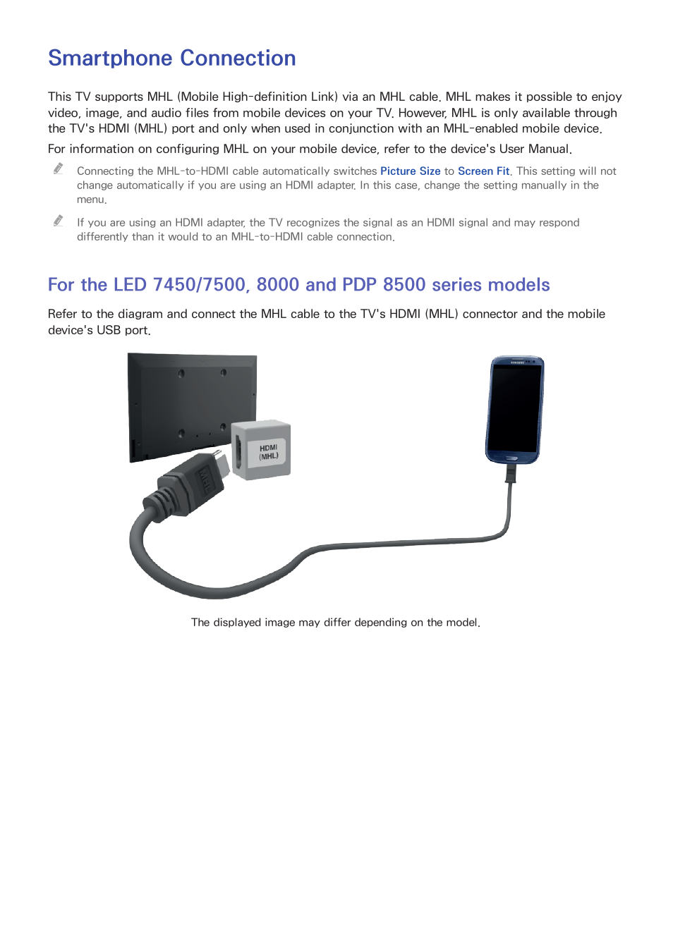 Smartphone connection, 22 for the led 7450/7500, 8000 and pdp 8500 series, Models | Samsung UN85S9VFXZA User Manual | Page 29 / 193