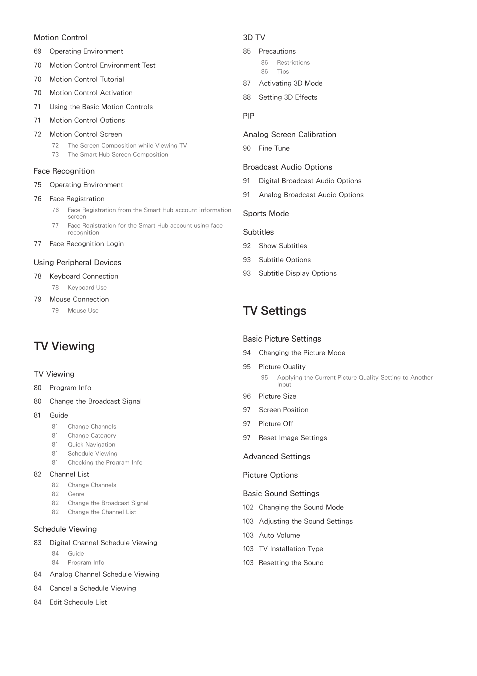 Tv viewing, Tv settings | Samsung UN85S9VFXZA User Manual | Page 4 / 193