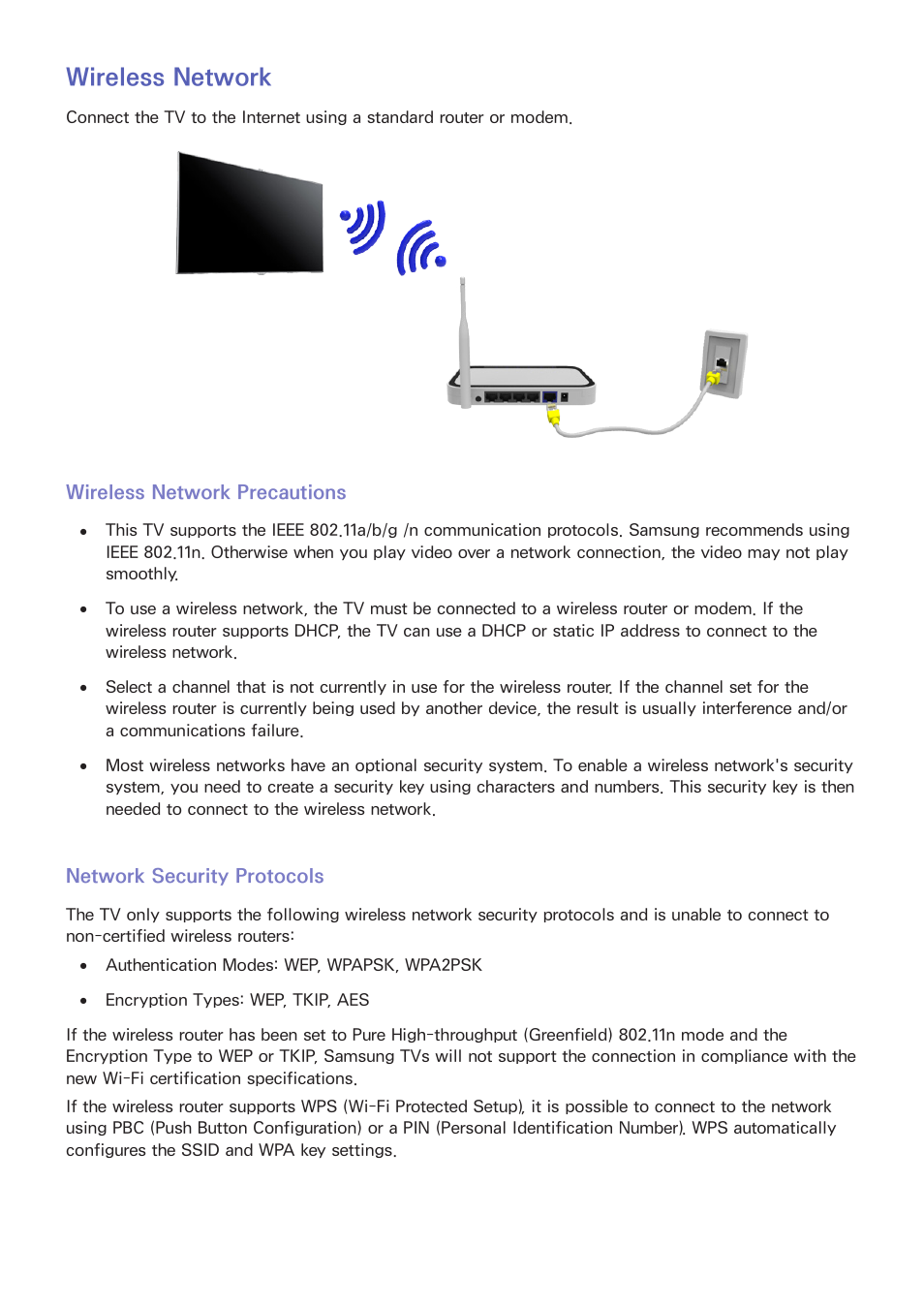 34 wireless network, Wireless network precautions, Network security protocols | Wireless network | Samsung UN85S9VFXZA User Manual | Page 41 / 193