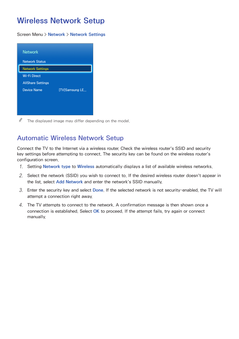 Wireless network setup, 38 automatic wireless network setup, Automatic wireless network setup | Samsung UN85S9VFXZA User Manual | Page 45 / 193