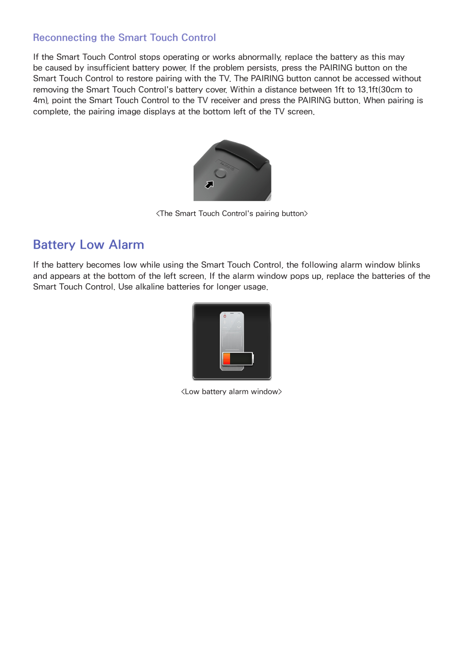 Reconnecting the smart touch control, 46 battery low alarm, Battery low alarm | Samsung UN85S9VFXZA User Manual | Page 53 / 193