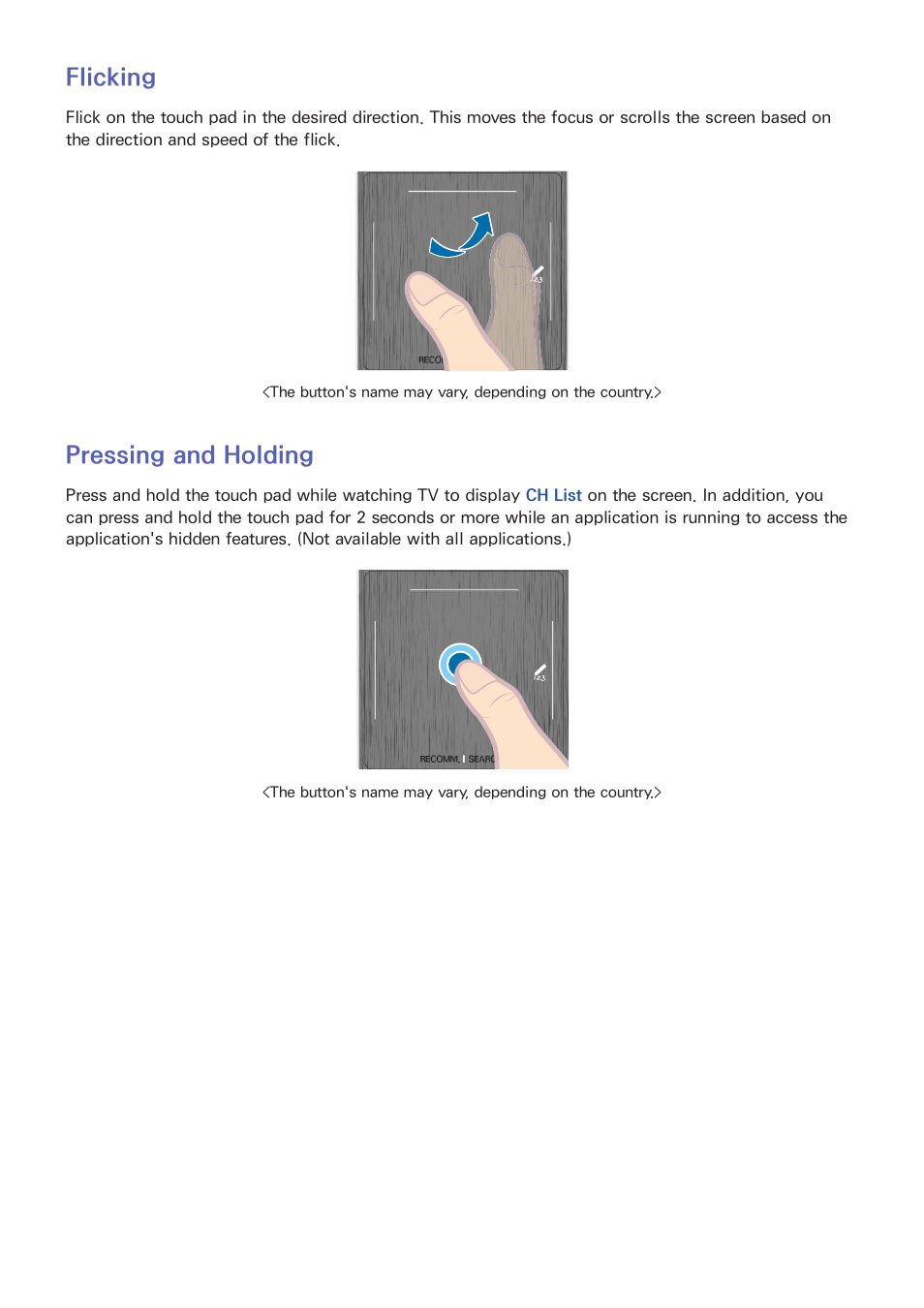 52 flicking, 52 pressing and holding, Flicking | Pressing and holding | Samsung UN85S9VFXZA User Manual | Page 59 / 193