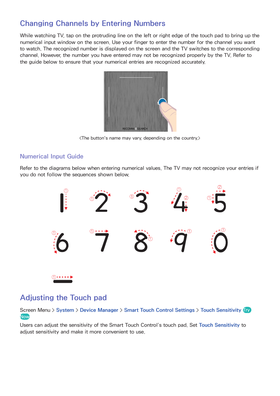 54 changing channels by entering numbers, Numerical input guide, 54 adjusting the touch pad | Changing channels by entering numbers, Adjusting the touch pad | Samsung UN85S9VFXZA User Manual | Page 61 / 193