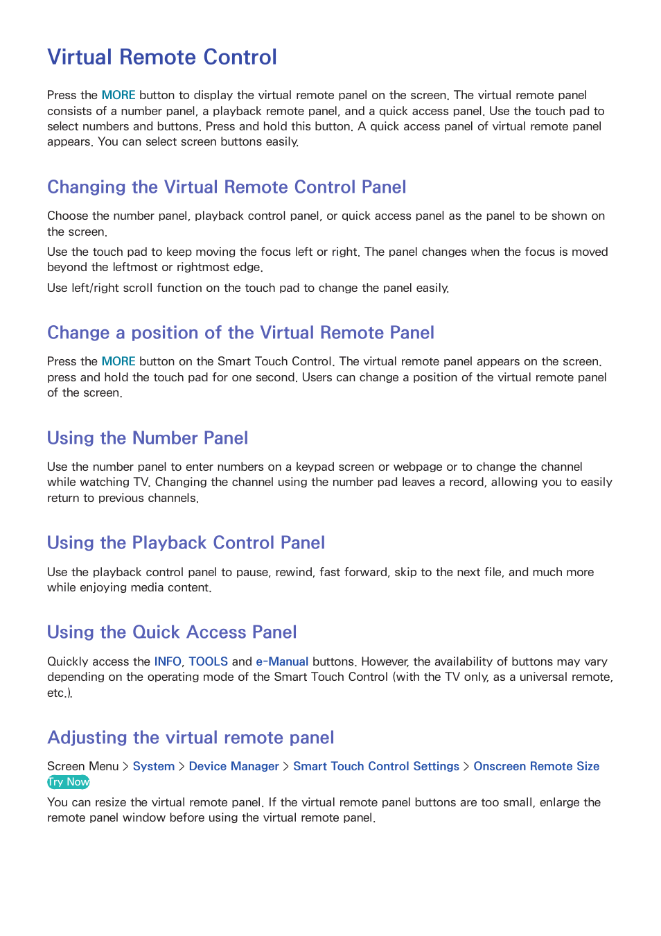 Virtual remote control, 56 changing the virtual remote control panel, 56 change a position of the virtual remote panel | 56 using the number panel, 56 using the playback control panel, 56 using the quick access panel, 56 adjusting the virtual remote panel, Changing the virtual remote control panel, Change a position of the virtual remote panel, Using the number panel | Samsung UN85S9VFXZA User Manual | Page 63 / 193