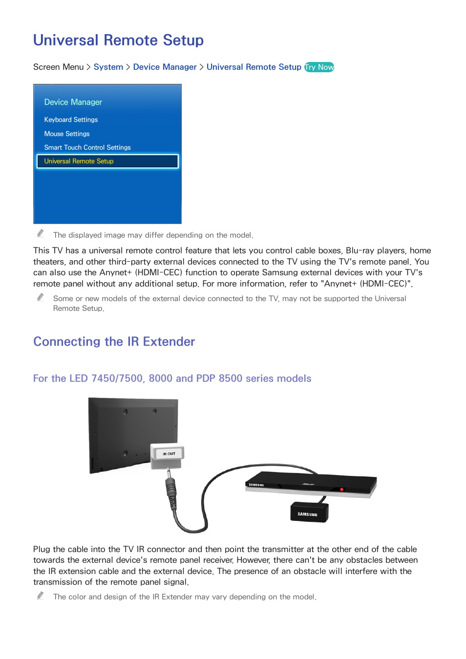 Universal remote setup, 57 connecting the ir extender, Connecting the ir extender | Samsung UN85S9VFXZA User Manual | Page 64 / 193