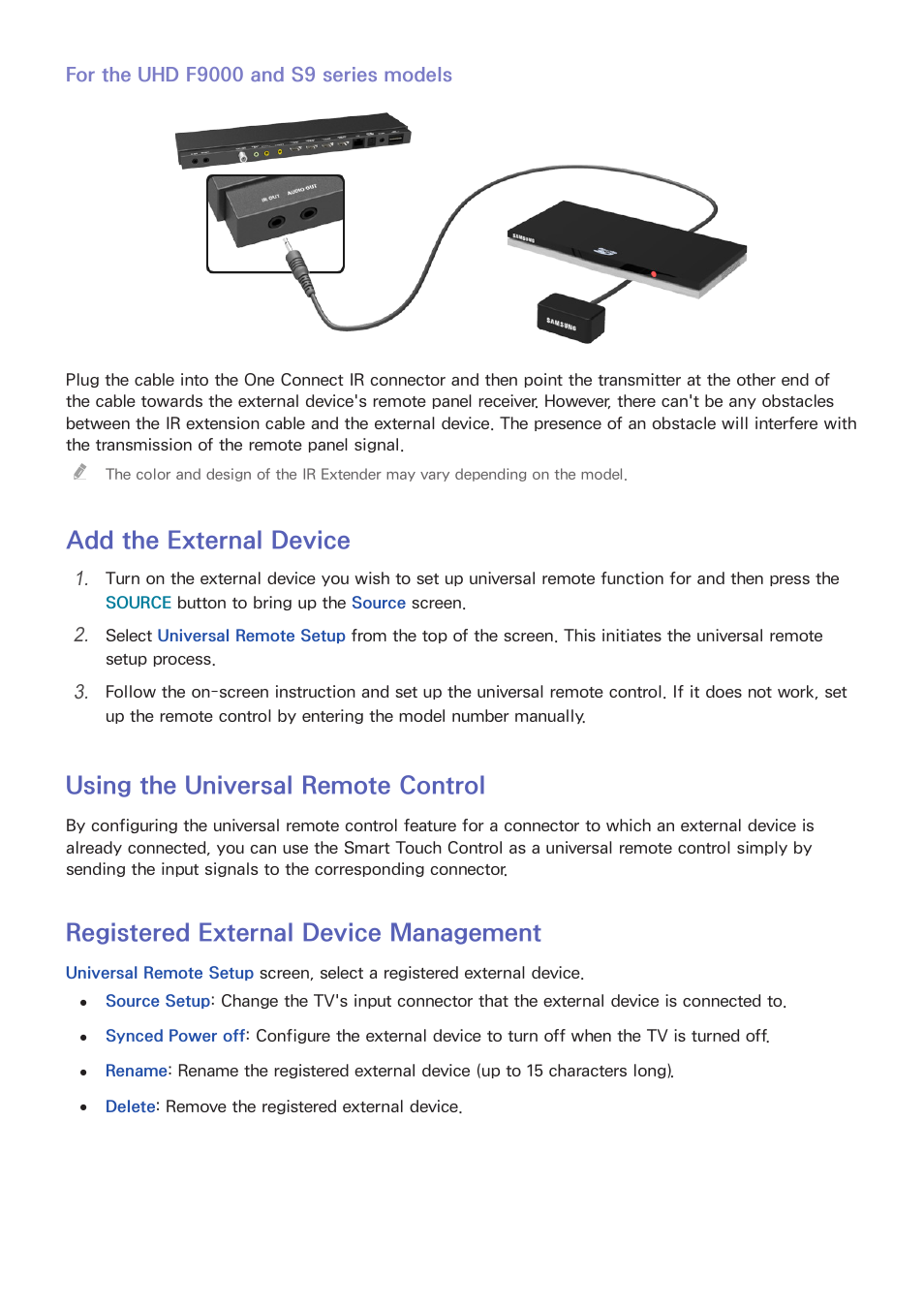 For the uhd f9000 and s9 series models, 58 add the external device, 58 using the universal remote control | 58 registered external device management, Add the external device, Using the universal remote control, Registered external device management | Samsung UN85S9VFXZA User Manual | Page 65 / 193