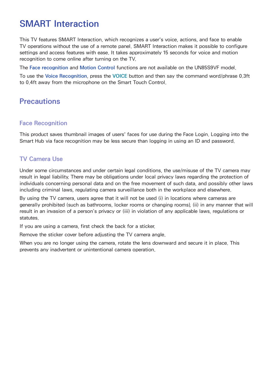 Smart interaction, 60 precautions, Face recognition | Tv camera use, Precautions | Samsung UN85S9VFXZA User Manual | Page 67 / 193