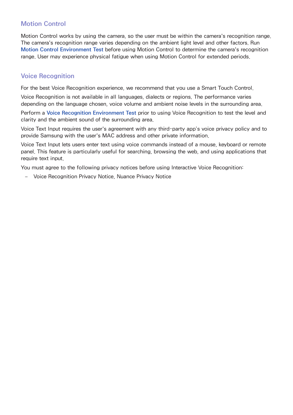 Motion control, Voice recognition | Samsung UN85S9VFXZA User Manual | Page 68 / 193