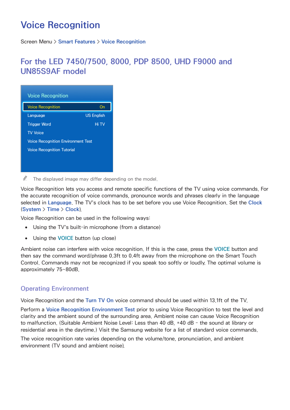 Voice recognition, Un85s9af model, Operating environment | Samsung UN85S9VFXZA User Manual | Page 69 / 193