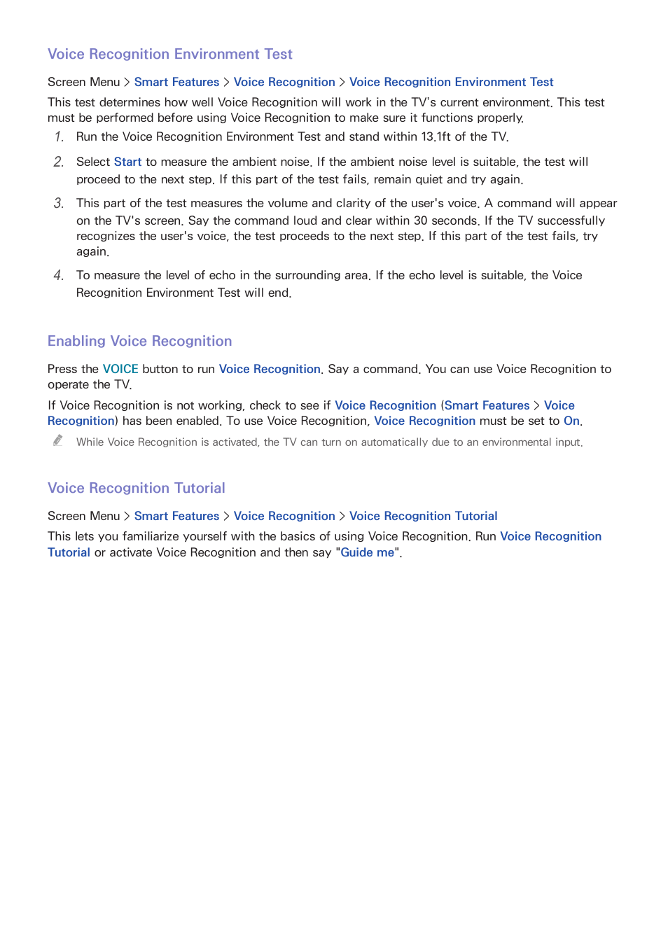 Voice recognition environment test, Enabling voice recognition, Voice recognition tutorial | Samsung UN85S9VFXZA User Manual | Page 70 / 193