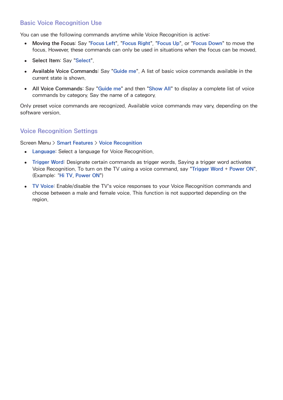 Basic voice recognition use, Voice recognition settings | Samsung UN85S9VFXZA User Manual | Page 71 / 193