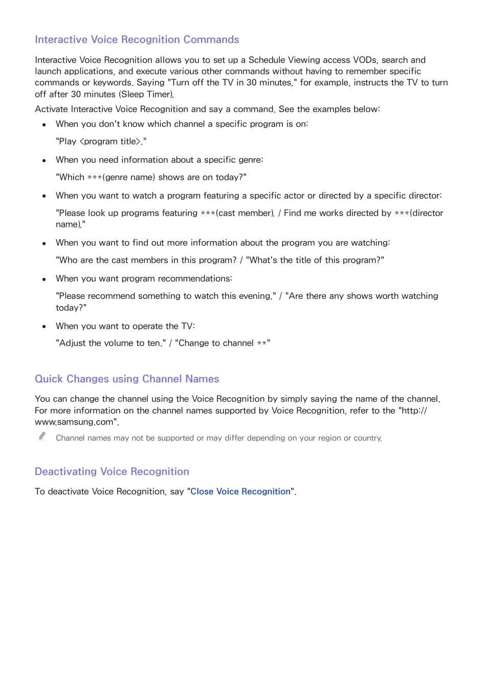 Interactive voice recognition commands, Quick changes using channel names, Deactivating voice recognition | Samsung UN85S9VFXZA User Manual | Page 72 / 193