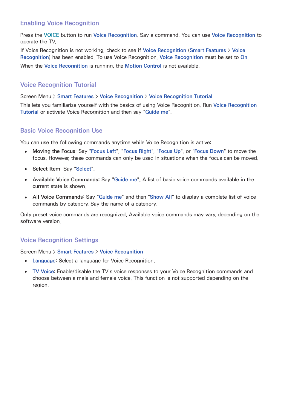 Enabling voice recognition, Voice recognition tutorial, Basic voice recognition use | Voice recognition settings | Samsung UN85S9VFXZA User Manual | Page 74 / 193