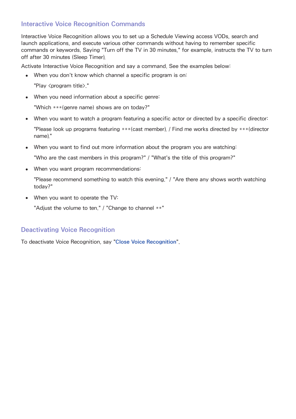 Interactive voice recognition commands, Deactivating voice recognition | Samsung UN85S9VFXZA User Manual | Page 75 / 193