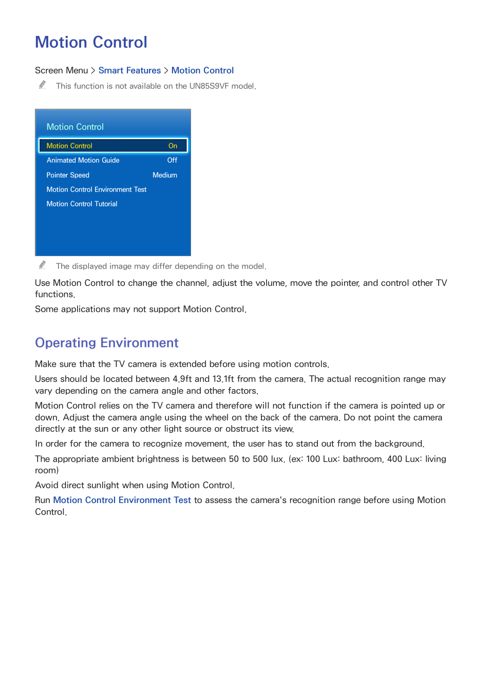Motion control, 69 operating environment, Operating environment | Samsung UN85S9VFXZA User Manual | Page 76 / 193