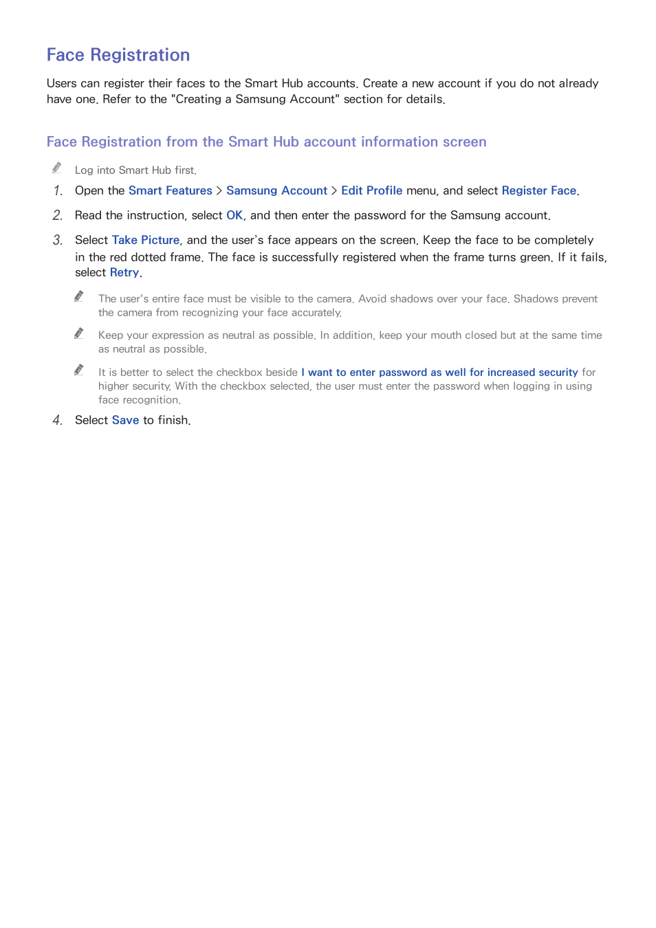 76 face registration, Face registration | Samsung UN85S9VFXZA User Manual | Page 83 / 193