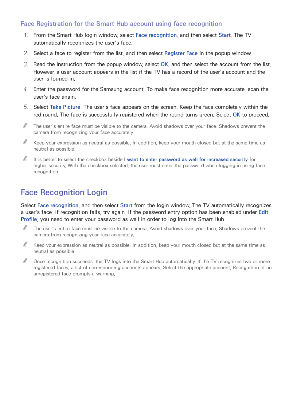 77 face recognition login, Face recognition login | Samsung UN85S9VFXZA User Manual | Page 84 / 193