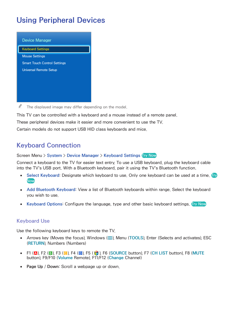 Using peripheral devices, 78 keyboard connection, Keyboard use | Keyboard connection | Samsung UN85S9VFXZA User Manual | Page 85 / 193