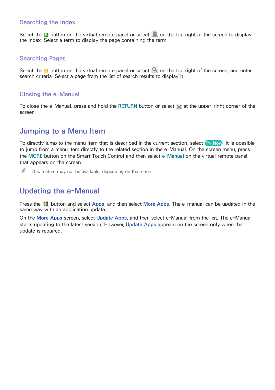 Searching the index, Closing the e-manual, Jumping to a menu item | Updating the e-manual | Samsung UN85S9VFXZA User Manual | Page 9 / 193