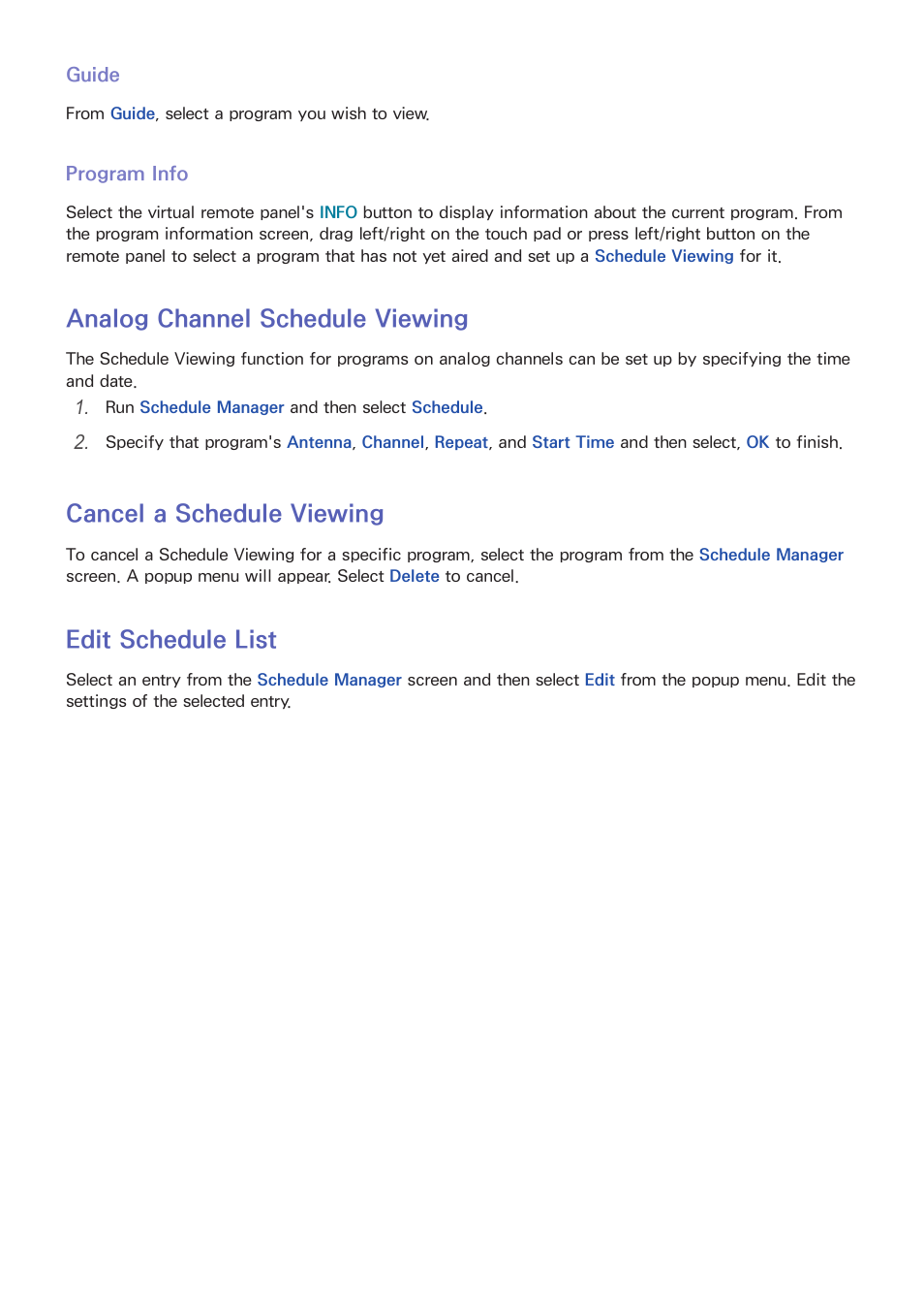Guide, Program info, 84 analog channel schedule viewing | 84 cancel a schedule viewing, 84 edit schedule list, Analog channel schedule viewing, Cancel a schedule viewing, Edit schedule list | Samsung UN85S9VFXZA User Manual | Page 91 / 193