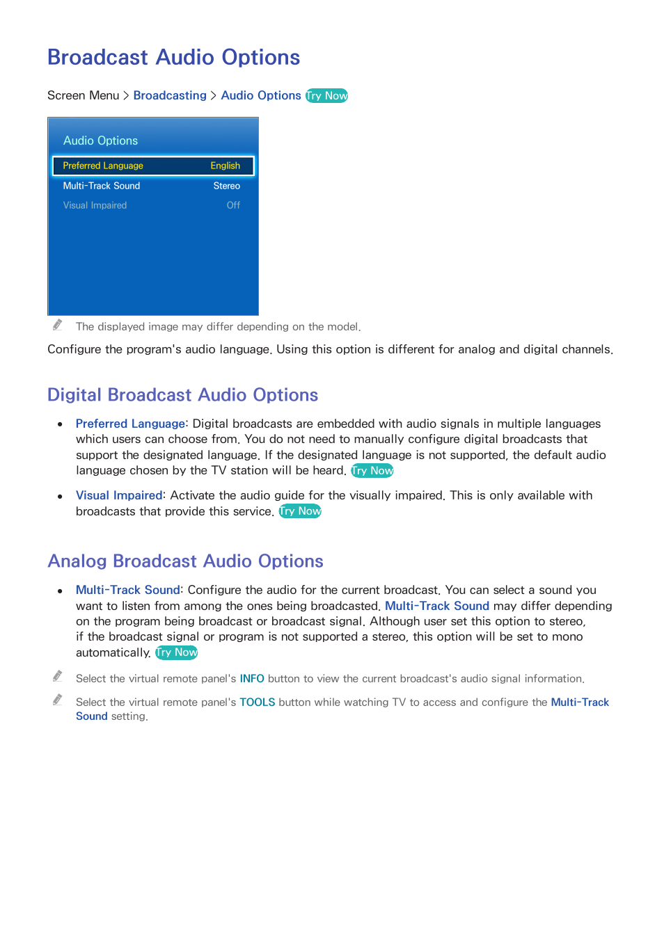 Broadcast audio options, Digital broadcast audio options, Analog broadcast audio options | Samsung UN85S9VFXZA User Manual | Page 98 / 193