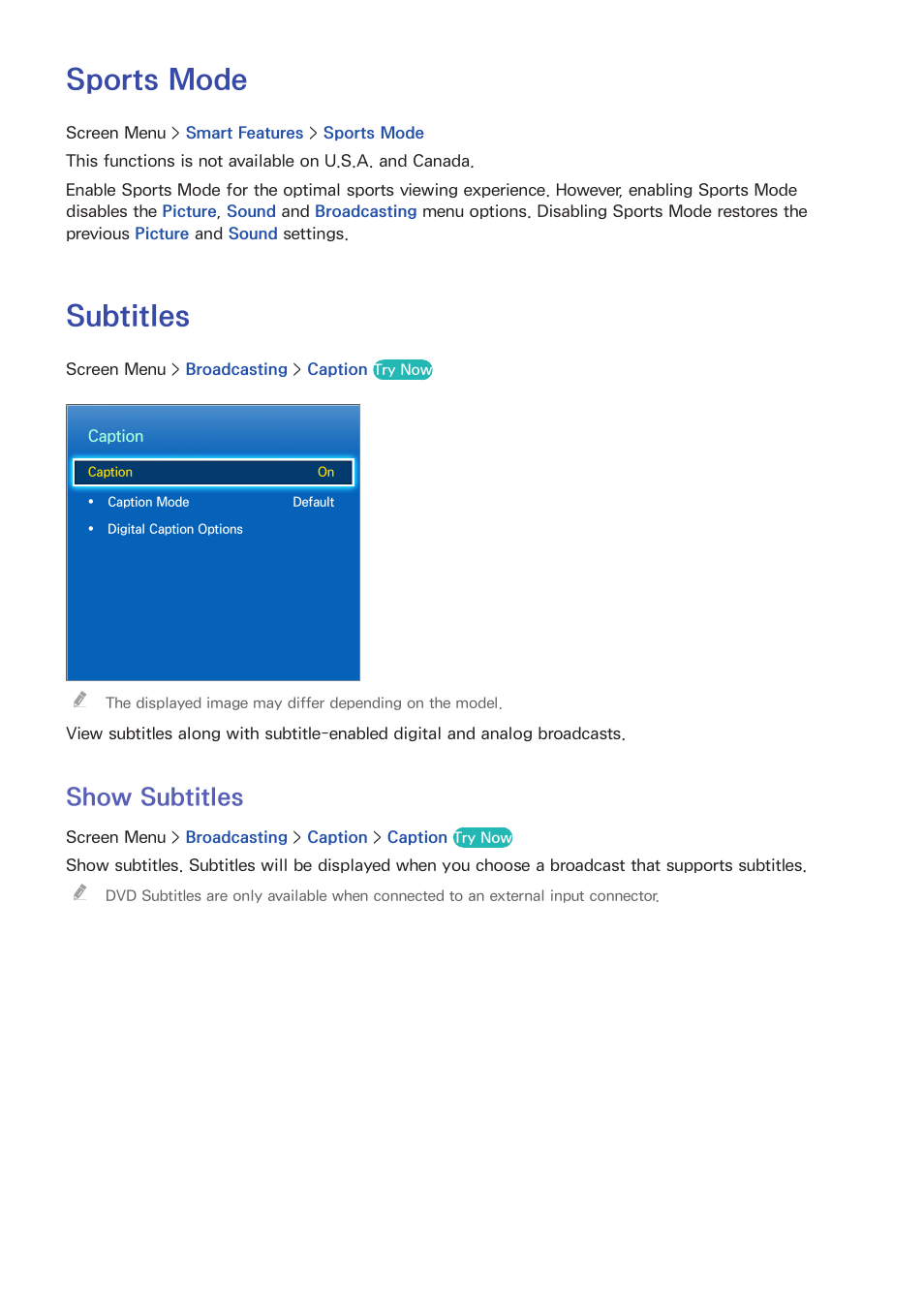 Sports mode, Subtitles, 92 show subtitles | Show subtitles | Samsung UN85S9VFXZA User Manual | Page 99 / 193