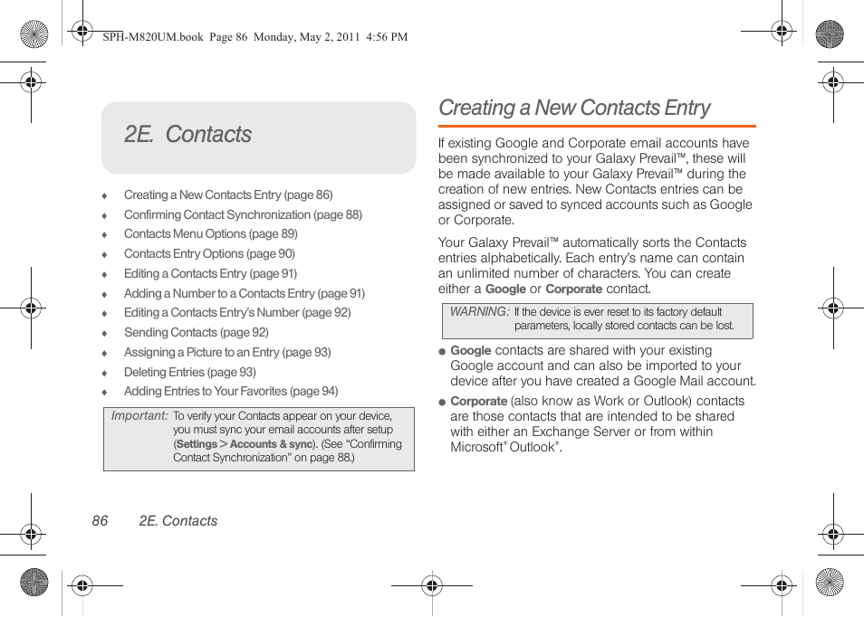 2e. contacts, Creating a new contacts entry | Samsung SPH-M820ZKABST User Manual | Page 100 / 225