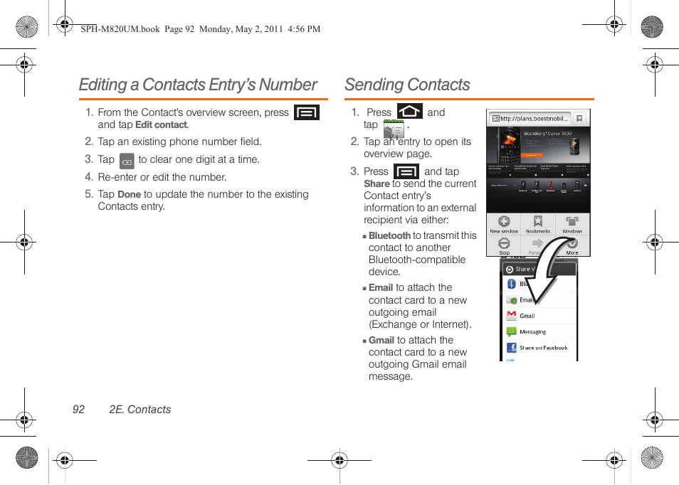 Editing a contacts entry’s number, Sending contacts | Samsung SPH-M820ZKABST User Manual | Page 106 / 225