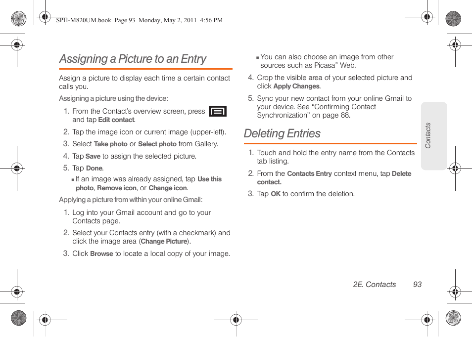 Assigning a picture to an entry, Deleting entries | Samsung SPH-M820ZKABST User Manual | Page 107 / 225