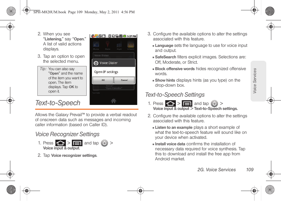 Text-to-speech, Voice recognizer settings, Text-to-speech settings | Samsung SPH-M820ZKABST User Manual | Page 123 / 225