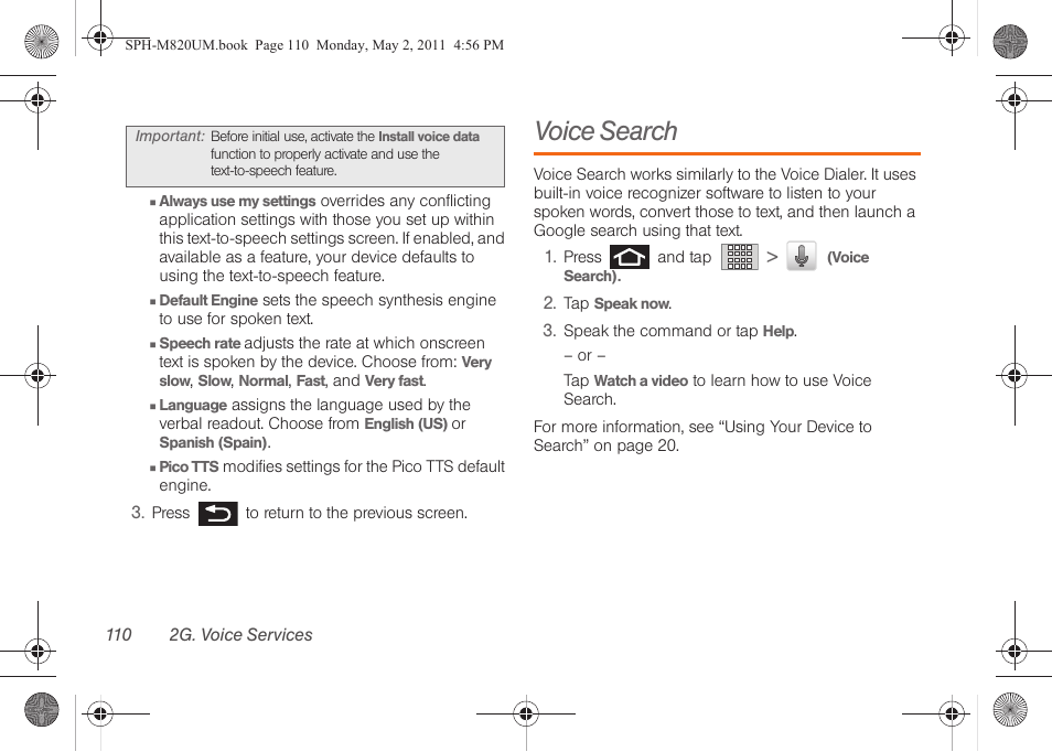 Voice search | Samsung SPH-M820ZKABST User Manual | Page 124 / 225