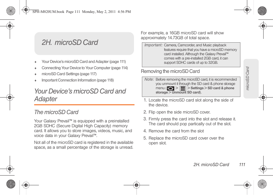 2h. microsd card, Your device’s microsd card and adapter, The microsd card | Samsung SPH-M820ZKABST User Manual | Page 125 / 225