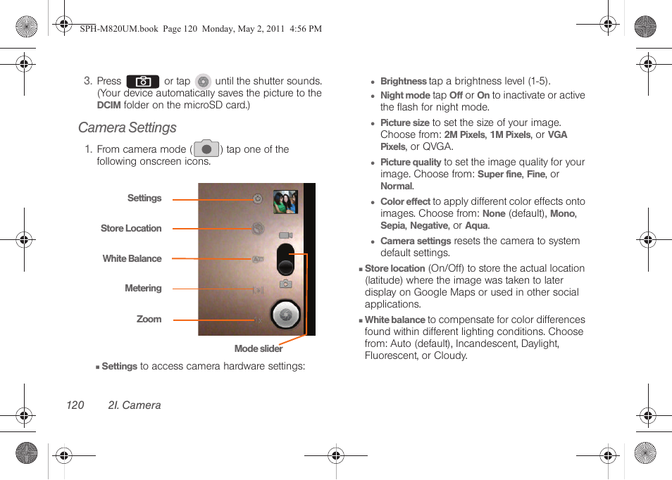 Camera settings | Samsung SPH-M820ZKABST User Manual | Page 134 / 225