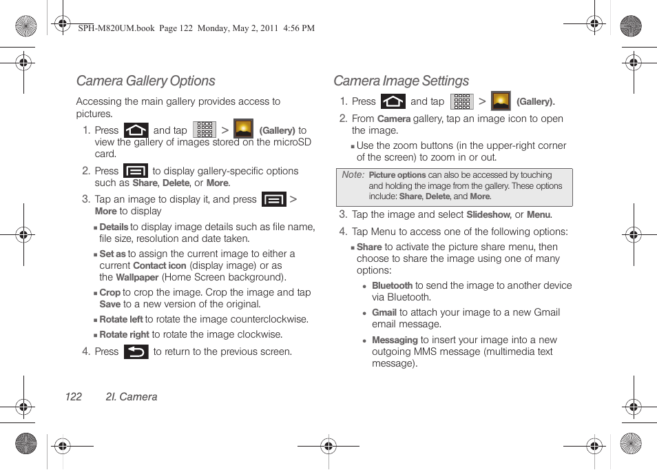 Camera gallery options, Camera image settings | Samsung SPH-M820ZKABST User Manual | Page 136 / 225