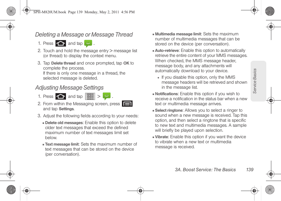 Deleting a message or message thread, Adjusting message settings | Samsung SPH-M820ZKABST User Manual | Page 153 / 225