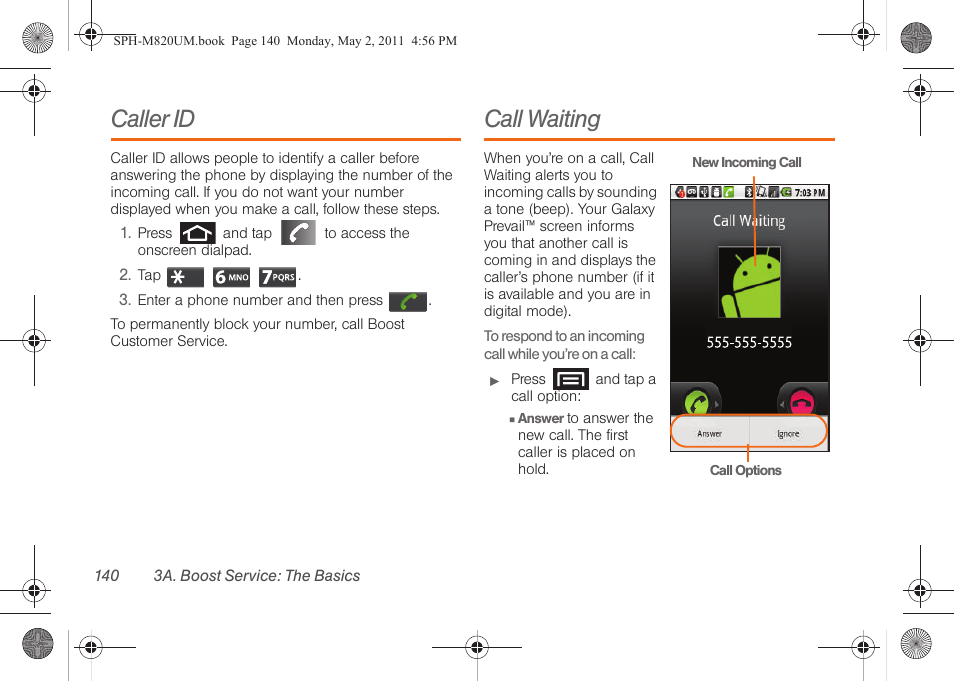 Caller id, Call waiting | Samsung SPH-M820ZKABST User Manual | Page 154 / 225