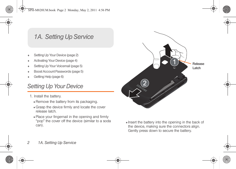 1a. setting up service, Setting up your device | Samsung SPH-M820ZKABST User Manual | Page 16 / 225