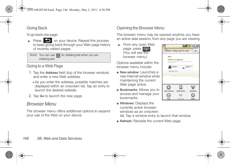 Browser menu | Samsung SPH-M820ZKABST User Manual | Page 160 / 225
