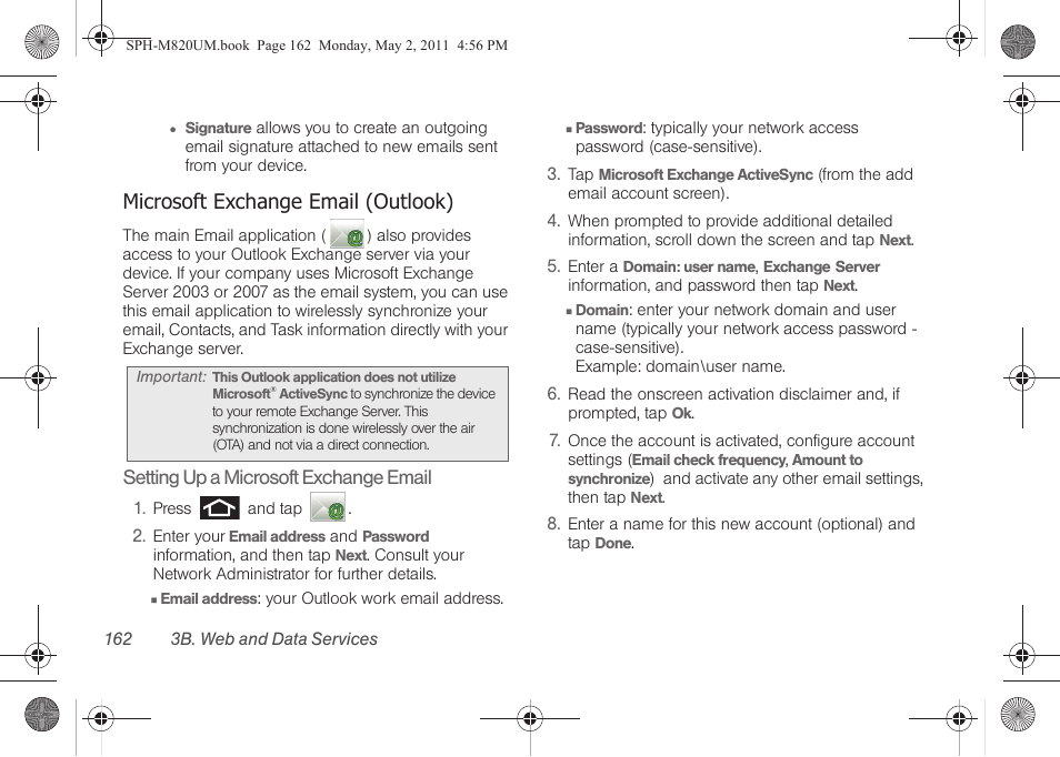Microsoft exchange email (outlook), See “microsoft exchange email | Samsung SPH-M820ZKABST User Manual | Page 176 / 225