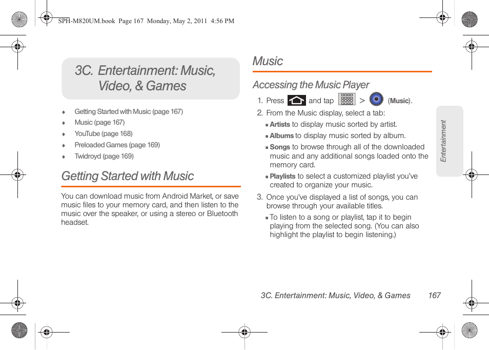 3c. entertainment: music, video, & games, Getting started with music, Music | Accessing the music player, 3c. entertainment: music, video, & games 167 | Samsung SPH-M820ZKABST User Manual | Page 181 / 225