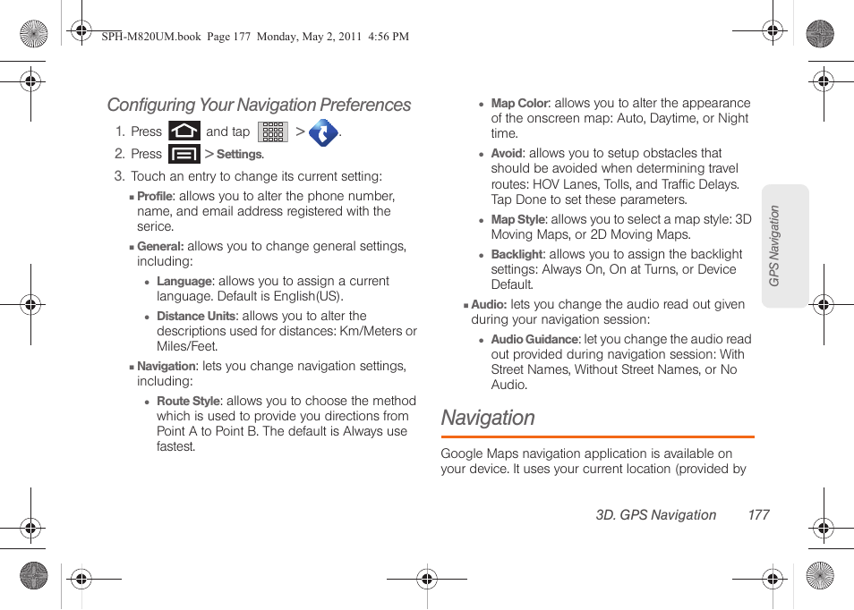 Configuring your navigation preferences, Navigation | Samsung SPH-M820ZKABST User Manual | Page 191 / 225