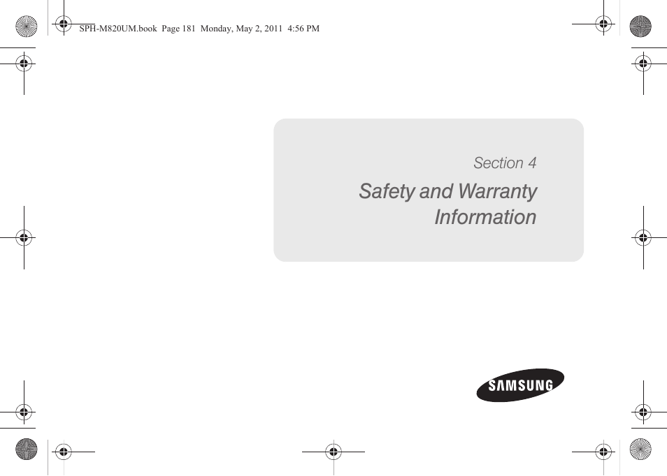 Safety and warranty information, Section 4: safety and warranty information 181 | Samsung SPH-M820ZKABST User Manual | Page 195 / 225