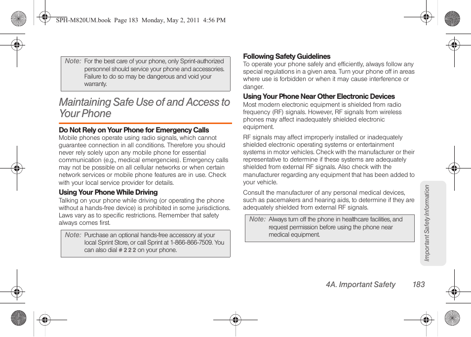 Maintaining safe use of and access to your phone | Samsung SPH-M820ZKABST User Manual | Page 197 / 225