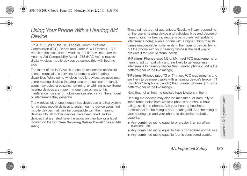 Using your phone with a hearing aid device | Samsung SPH-M820ZKABST User Manual | Page 199 / 225