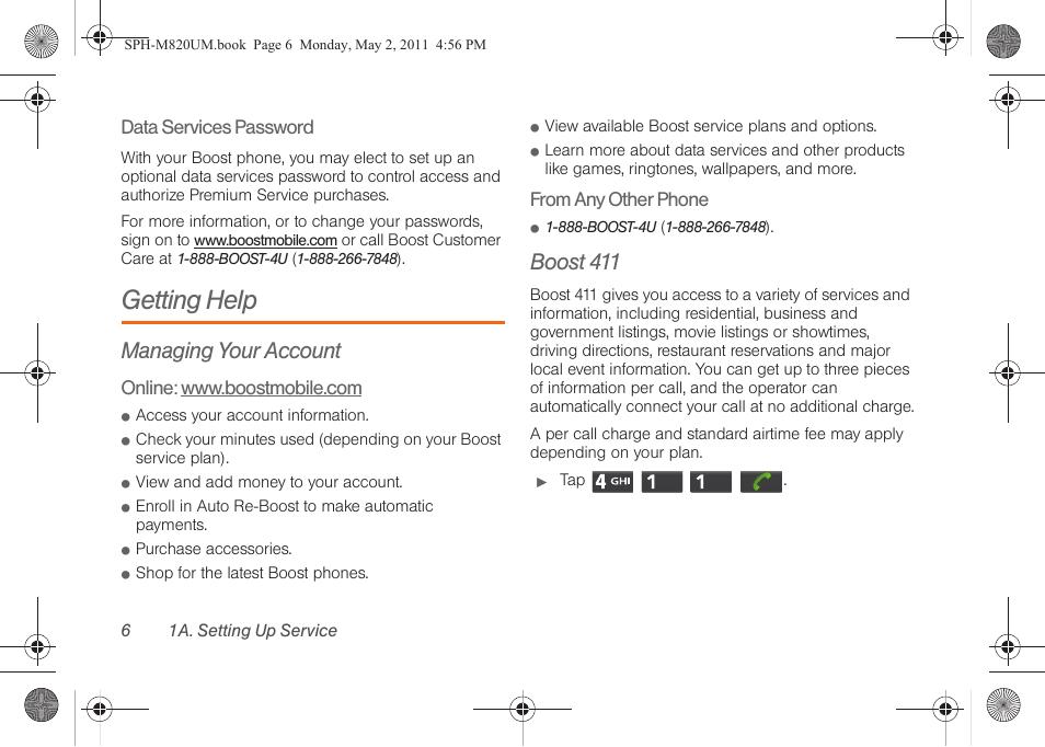 Getting help, Managing your account, Boost 411 | Samsung SPH-M820ZKABST User Manual | Page 20 / 225