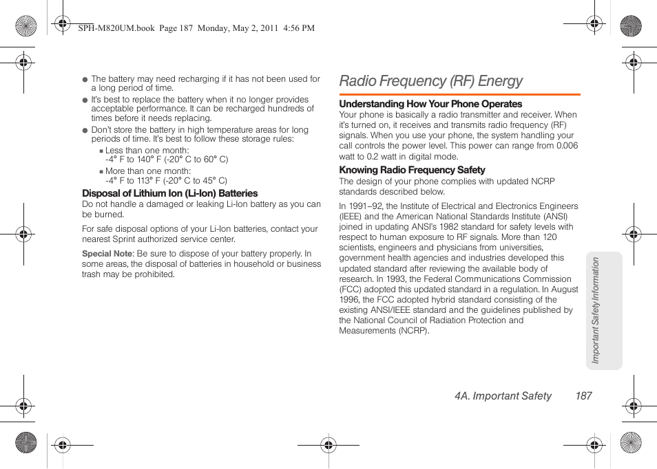 Radio frequency (rf) energy | Samsung SPH-M820ZKABST User Manual | Page 201 / 225